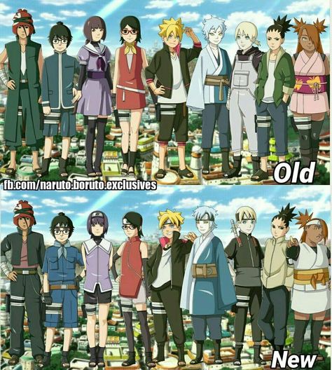 The New Outfits of the New Generation ❤️ Academy VS Genin ❤️❤️❤️ Boruto Outfits, Naruto Genin, Naruto Outfits, Exclusive Breastfeeding, Boruto And Sarada, Boruto Characters, Naruto Gif, Naruto Teams, Boruto Next Generation