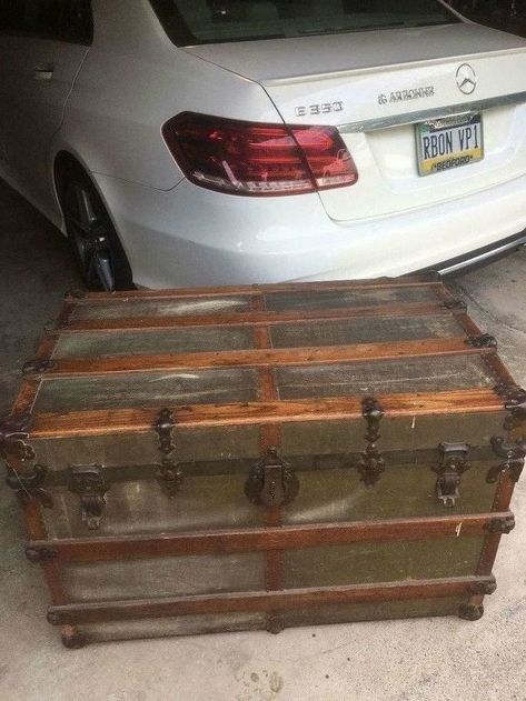 My mother gave me my Great Grandmother's steamer trunk, which is about 120 years old. I wanted to just spruce it up and get rid of the musty smell. Mission accomplished! The trunk is covered in canvas which I lightly sanded in places where paint had been splattered on it. Both the drawer and the trunk itself were lined with paper. This is what was holding the musty smell. I used a mixture of white vinegar and water to spray the paper. Let it sit and then scraped it off. It was a… Trunk Redo, Antique Trunk Restoration, Trunk Restoration, Lowes Paint, Trunk Makeover, Vintage Steamer Trunk, Antique Trunks, Antique Steamer Trunk, Faux Fireplace Mantels