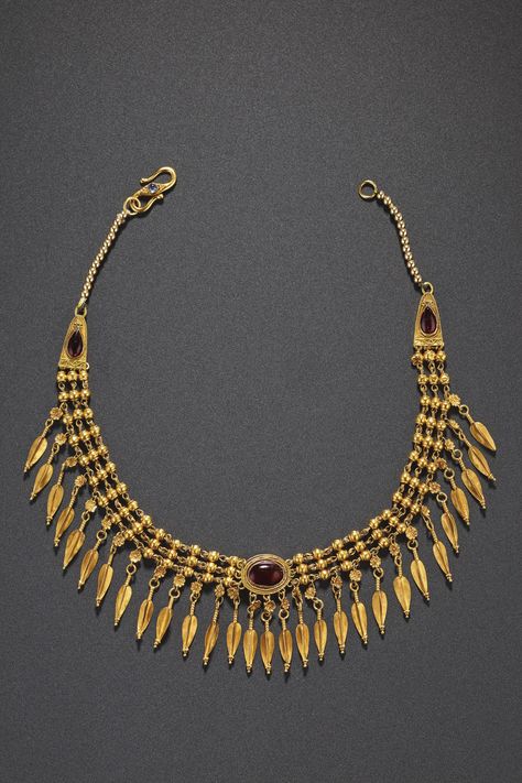 A GREEK GOLD AND GARNET STRAP-NECKLACE | HELLENISTIC PERIOD, CIRCA LATE 3RD-EARLY 2ND CENTURY B.C. | 3rd Century B.C., Ancient Art Period Jewelry, Hellenistic Jewelry, Ancient Greek Jewelry Necklace, Ancient Greek Necklace, Ancient Greek Jewellery, Ancient Greek Accessories, Ancient Gold Jewelry, Greek Necklace, Greek Necklaces