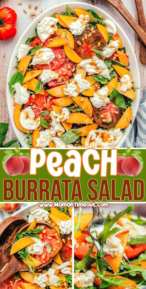 Peaches And Burrata Salad, Peach Barata Salad, Summer Salad For Bbq, Burrata And Peaches, Buratta Salad Ideas, Summer Peach Salad, Refreshing Summer Meals, Peach Fruit Salad, Peaches Salad