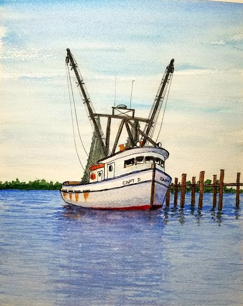 Shrimp boat at dock Shrimp Boat Drawing, Shrimp Boat Painting, Oyster Ideas, Ocean Life Art, Shrimp Boats, Idea Paint, Watercolor Boat, Shrimp Boat, Boat Drawing