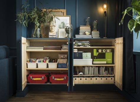 Get creative with your IVAR storage. You can paint cabinets in the same color as the wall so they blend in with the rest of the decor. Ivar Ideas, Ivar Regal, Ikea Inspo, Ivar Ikea, Ikea Ivar Cabinet, Dr Office, Storage Wars, Built In Bookshelves, Shelves Storage Ideas