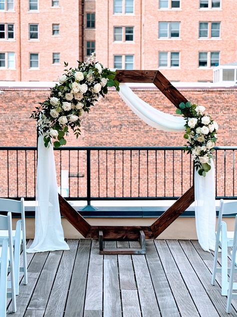 White and Green Wedding Arch Wedding Arch Inspiration, Wedding Octagon Arch, White And Green Wedding Arch, Octagon Wedding Arch, Green Wedding Arch, Beach Wedding Ceremony Arch, Simple Wedding Arch, Wedding Ceremony Decorations Indoor, Pine Wedding