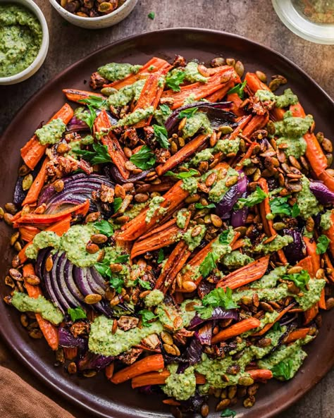 Roasted Carrots and Dates with Pistachio Pesto Carrots And Dates, Rainbow Plant Life, Vegetables Dishes, Pistachio Pesto, Vegan Side Dishes, Vegan Sides, Holiday Side Dishes, Pregnancy Food, Red Onions