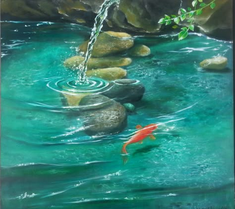 Painting Pond Water, Forest Pond Painting, How To Paint Pond Water, Water Pond Drawing, Duck Pond Painting, How To Paint A Pond, Pond Painting Acrylic, Koi Pond Painting, Pond Paintings