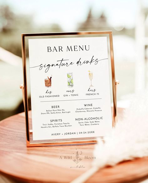 Signature Drinks Sign Template Minimalist Wedding Bar Menu - Etsy Drink Wedding Sign, Cocktail Sign Wedding, Signature Wedding Drinks Sign, Wedding Drink Menu, Wedding Bar Menu Sign, Menu Poster, Specialty Cocktails, Cocktail Sign, Signature Cocktail Sign