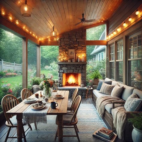 Back Porches With Fireplaces, Backyard Porch With Fireplace, Vaulted Back Porch With Fireplace, Front Porch Fireplace Ideas, Four Seasons Room With Fireplace, Outdoor Living Room Ideas Covered Patios, Outside Living Spaces Covered Patios, Outdoor Rooms Covered, Fireplace On Deck