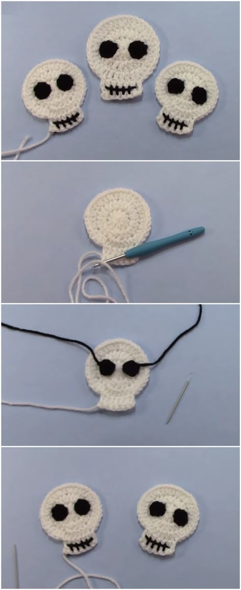 Halloween Crochet Skull Tutorial - Yarn & Hooks Crochet Halloween Applique, Skull Tutorial, Skull Crochet, Crochet Skull Patterns, Crochet Blouses, Halloween Applique, Crochet Skull, Crochet Halloween, Halloween Crochet Patterns