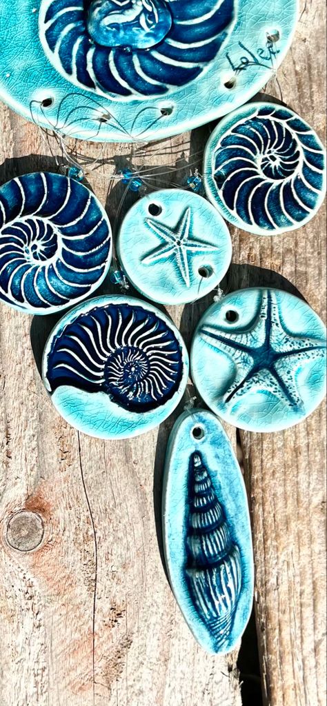 https://fleurdelysgarden.etsy.com Sealife Ceramics, Mermaid Beach Decor, Ceramic Necklaces, Ocean Plants, Seashell Wind Chimes, Sea Life Decor, Ceramic Pinch Pots, Wind Bell, Mermaid Beach