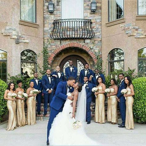 Gold Wedding Party, Blue And Gold Wedding, Navy Blue And Gold Wedding, Blue Gold Wedding, African Outfits, Gold Wedding Theme, Gold Bridesmaid Dresses, Royal Blue Wedding, Blue Themed Wedding