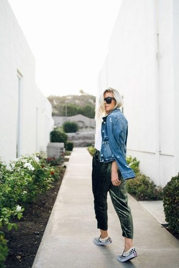 Velvet joggers now $52 #ShopStyle #ssCollective #MyShopStyle #ootd Velvet Joggers Outfit, Blue Joggers Outfit, Outfit Recipes, Lisa Allen, Velvet Joggers, Checkered Vans, Green Joggers, Joggers Outfit, Fashion Goals