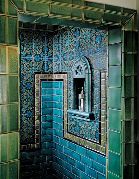 Arts and Crafts Period Tiles | Motawi’s ‘Tapestry’ tiles are used with vivid blues and greens ... Bungalow Bathroom, Tapestry Wallpaper, Architecture Art Nouveau, Green Tile Bathroom, Green Tiles, Art Deco Bathroom, Deco Bathroom, Arts And Crafts House, Bathroom Tile Designs