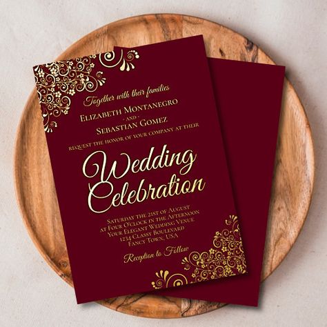 Wedding Invitation Message, Gold Foil Invitation, Elegant Wedding Venues, Maroon Wedding, Foil Wedding Invitations, Foil Invitations, Golden Wedding, Gold Wedding Invitations, Invitation Card Design