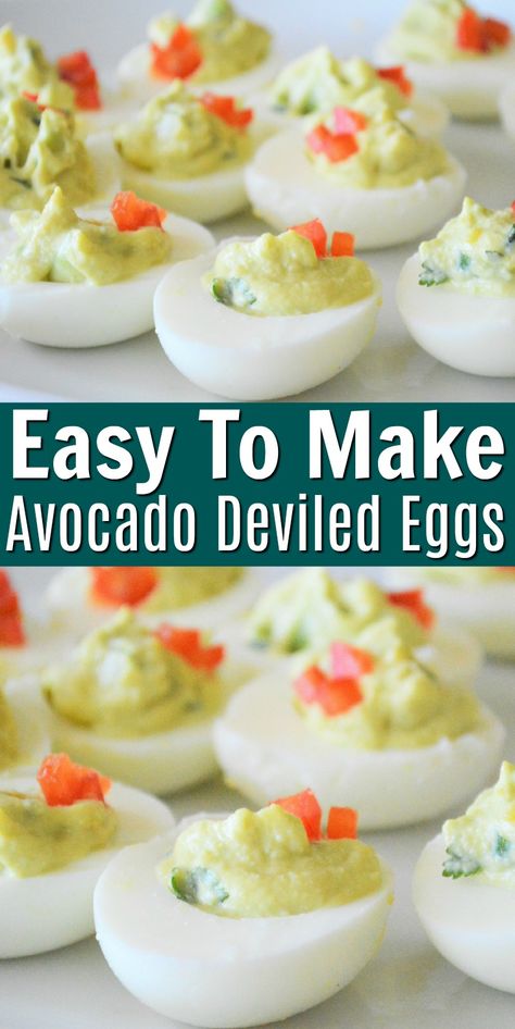 Easy To Make Avocado Deviled Eggs - Classic deviled eggs filled with guacamole! Perfect low carb snack or appetizer that everyone will love! #lowcarb #deviledeggs #avocadodeviledeggs #gaucamoledeviledeggs #eggs #healthysnacks #lowcarbappetizers #holidayappetizer #food #recipes Deviled Eggs No Pickles, Avocado Deviled Eggs Recipe Best, Avacodo Deviled Eggs Recipe, Guacamole Deviled Eggs Recipe, Deviled Eggs No Mayo, Deviled Eggs Recipe Jalepeno, Avocado Deviled Eggs Recipe, Guacamole Deviled Eggs, Keto Side Dish