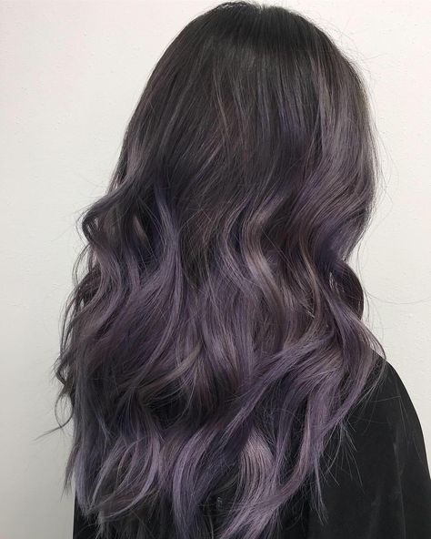 Dark Ash Purple Hair, Black And Lilac Hair, Light Purple Highlights Brown Hair, Ash Purple Hair, Lavender Balayage, Cool Tone Brown Hair, Purple Highlights Brown Hair, Silver Purple Hair, Purple Black Hair