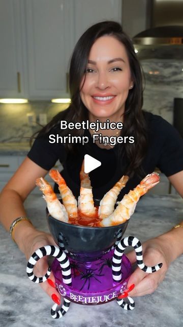 Genevieve LaMonaca on Instagram: "Beetlejuice Shrimp Cocktail Fingers @beetlejuicemovie #halloweenfood #halloweeninspo #beetlejuice   Beetlejuice Shrimp Cocktail Fingers  Serves 4  Ingredients: 20 - 2oz shrimp  10 cups cold water 2 medium carrots, diced 2 celery ribs, diced 1/2 onion, diced 1/2 head garlic 1 lemon, halved 1/2 bunch parsley 5 sprigs fresh thyme 1 bay leaveves 1 tablespoon kosher salt  Directions: Pierce a skewer just above the tails and following up along the shell to prevent the shrimp from curling   To a large pot of water, add carrots, celery, onions, garlic, lemons, parsley, thyme, day leaf and salt   Bring up to a simmer for 30 minute then shut the heat off, add your shrimp for 3 minutes then transfer to an ice bath for 5 minutes   Peel off the shell, leaving the tail Beetlejuice Shrimp Cocktail, Shrimp Cocktail For Party, Spooky Shrimp Cocktail, Shrimp Halloween Appetizer, Halloween Shrimp Appetizers, Beetlejuice Shrimp Hand, Halloween Shrimp Cocktail, Halloween Shrimp, Beetlejuice Appetizers