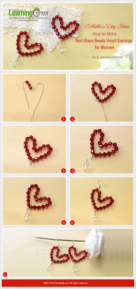 Mother’s Day Ideas-How to Make Red Glass Beads Heart Earrings for Women from LC.Pandahall.com How To Make Heart Earrings, How To Make A Wire Heart Shape, Diy Heart Jewelry, Diy Valentine Jewelry Ideas, Valentines Jewelry Ideas, Valentines Day Beaded Jewelry, Diy Heart Earrings, Valentine Jewelry Ideas, Beaded Heart Tutorial