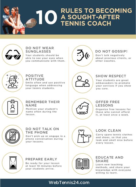 10 Rules to Become a Successful Tennis Coach (Infographic)
https://www.rfr.bz/pljzxnc Rules Of Tennis, Tennis Coaching, Tennis Rules, How To Play Tennis, Tennis Techniques, Tennis Drills, Tennis Lessons, Tennis Training, Tennis Tips