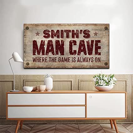 $59.99 Museum-Grade Quality - This Man Cave Sign Decor Prime Gallery-Wrapped Canvas comes with a Premium Backing; No sagging, dents, accidental rips; Printed using UV-Resistant Ink with a neatly folded edge Hassle-free - Comes with Ready-to-Hang Hooks; Water-resistant; Cleans easily using a damp cloth. Perfect for your living room, bedroom, game room, garage, basement, bar or Where the game is always on! Bar Entertainment Room, Rustic Decoration, Cave Wall, Man Cave Wall, Man Cave Signs, Personalised Canvas, Custom Decor, Entertainment Room, Personalized Wall