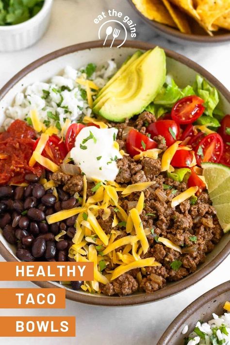 A quick and easy dinner, these taco bowls never disappoint. Made with ground beef taco meat, cilantro lime rice, black beans, and all your favorite taco fixings, they are packed with protein and fiber and are so delicious! Gluten-free and easily made dairy-free. Ground Beef Taco Bowls, Beef Taco Bowls, Ground Beef Taco Meat, Taco Fixings, Beef Taco Meat, Taco Bowl Recipe, Rice Black Beans, Ground Beef Taco, Grilled Taco