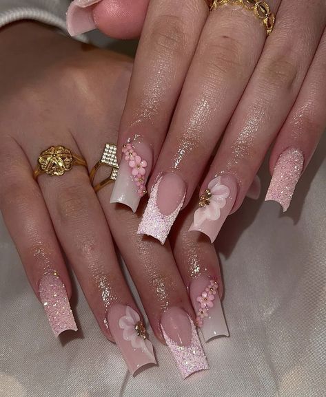 Sweet 16 Nails, Quince Nails, Quinceanera Nails, Nail Acrylic, February Nails, Girly Acrylic Nails, French Tip Acrylic Nails, Short Square Acrylic Nails, Acrylic Nails Coffin Pink