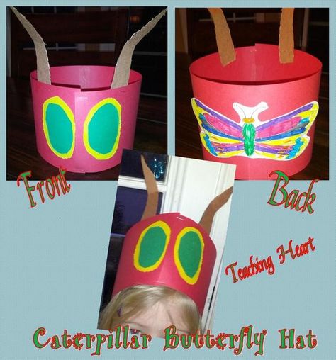 Caterpillar to Butterfly Hat  - Includes a FREE printable! Caterpillar Hats, Butterfly Festival, Caterpillar Butterfly, Hungry Caterpillar Craft, Butterfly Hat, Mini Beasts, Prek Crafts, Edible Butterfly, Printables Ideas