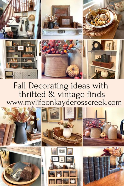 Cozy fall decorating ideas with thrifted and vintage finds - Life on Kaydeross Creek Crock Fall Decorating Ideas, Fall Crock Decorating Ideas, Antique Crocks Decor Ideas Living Room, Fall Vignettes Living Room, Vintage Living Room Antique Decorating Ideas, Vintage Fall Decor Living Room, Fall Decor Vintage, Thrifted Fall Decor, Mantels Decorating Ideas