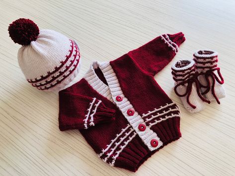 Baby boy cardigan and hat, woollen handknitted sweater, 3-6 months jersey and beanie, burgundy and grey pullover. by Babyweartreasures on Etsy Handmade Baby Boy Clothes, Handknitted Sweater, Baby Boy Cardigan, Woolen Clothes, Baby Summer Dresses, Boys Cardigans, Woolen Dresses, Baby Boy Clothing Sets