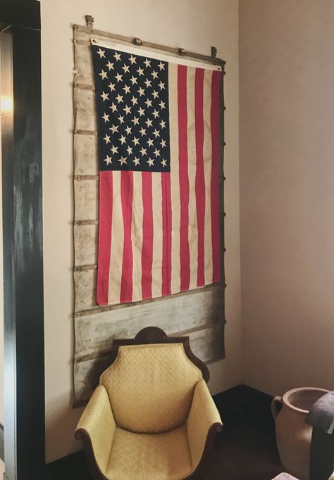 Interesting way to hang American flag American Flag Bedroom, American Flag Wall Hanging, Flag Pole Bracket, American Flag Wall Decor, Flag Wall Decor, Flag Wall Hanging, Hanging Flags, American Flag Wall, American Flag Decor