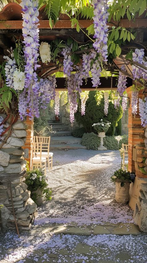 Step into a serene garden oasis draped in cascading wisteria blooms, perfect for any occasion Wisteria Wedding Arch, Garden Arch Wedding, Wisteria Arch, Hanging Wisteria, Wisteria Pergola, Wisteria Wedding, Wisteria Garden, Serene Garden, Arch Wedding