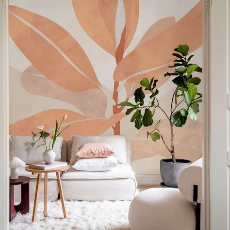 Wallpaper Designs For Walls, Wallpaper Ceiling, Colorful Places, Shades Of Peach, Custom Wall Murals, Botanical Wallpaper, Peach Fuzz, Leaf Wallpaper, Spare Room