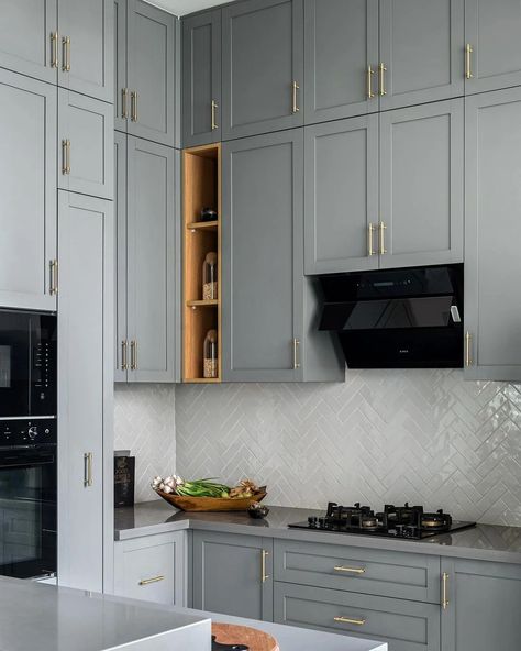 Gray subway tile backsplash