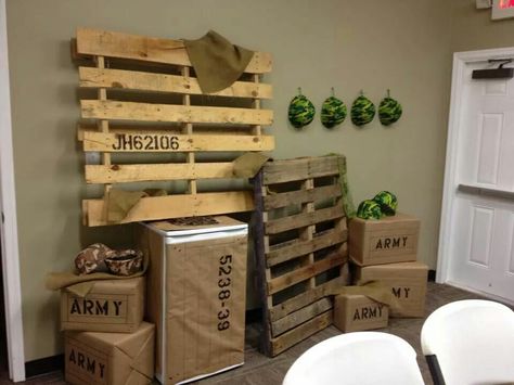 Vacation Bible School Army Theme, Army Fatigue Party Theme, Army Decorations Party Ideas, Army Coming Home Party, Army Soldier Birthday Party, Army Party Decorations Diy, Gods Army Sunday School Decor, Army Vbs Decorations, Gods Army Vbs