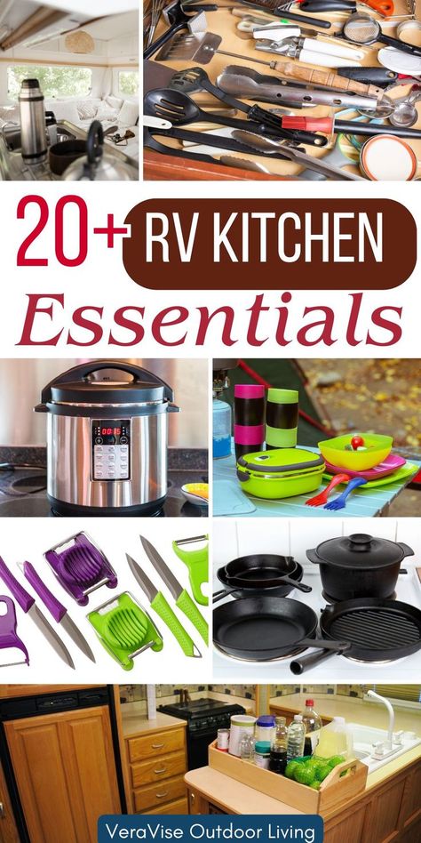 RV Kitchen Essentials Essential Kitchen Items, Rv Inspiration, Rv Van, Small Rv, Rv Organization, Rv Kitchen, Rv Living Full Time, Rv Storage, Rv Accessories