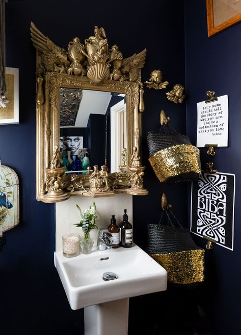 House Tour: A Dark, Maximalist London Apartment | Apartment Therapy Dark Maximalist, Maximalist Bathroom, Moroccan Bathroom, Best Bathroom Designs, Interior Minimalista, Bathroom Decor Apartment, Ornate Mirror, London Apartment, Apartment Bathroom