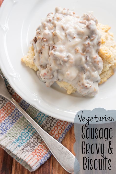 Vegetarian Sausage Gravy and Biscuits - A Mom's Take Fake Meat Recipes, Morningstar Recipes, Vegetarian Biscuits And Gravy, Meatless Breakfast, Vegetarian Sausage, Gravy Biscuits, Biscuits And Sausage Gravy, Gravy And Biscuits, Easy Drop Biscuits