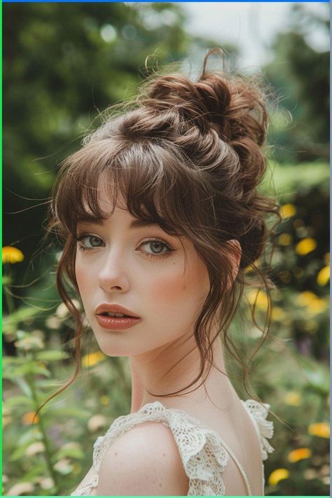 40s Hairstyles With Bangs, Side Bangs Wedding Hair, Puffy Bangs Hair, Semi Formal Hairstyles With Bangs, Bridal Hair Half Up Bangs, Medium Length Formal Hairstyles With Bangs, Updo With Curly Bangs, Formal Bangs Hairstyle, Wispy Bangs Long Wavy Hair