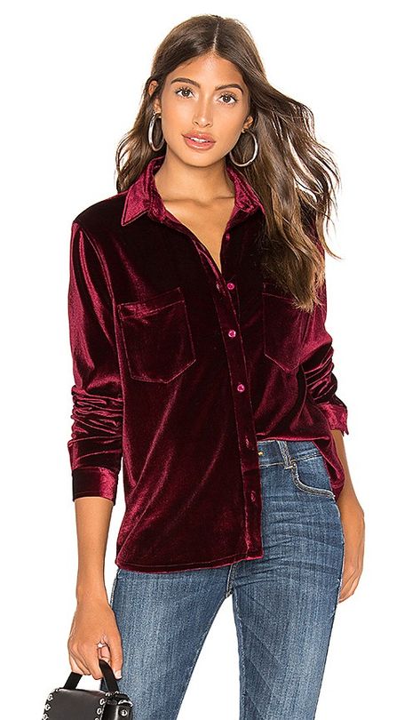 Velvet Shirt Outfit, Red Velvet Shirt, Indira Varma, Better Things, Relaxed Outfit, Velvet Shirt, Fitted Turtleneck, Velvet Blouses, Samara