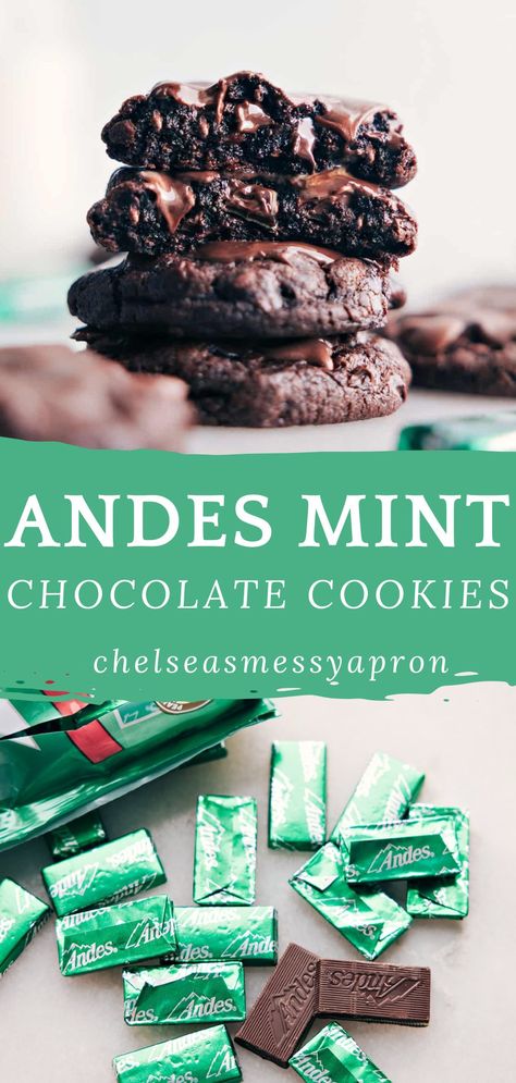 Thick and chewy Andes Mint Cookies, featuring a rich chocolate base and a smooth, creamy mint chocolate topping. Surprisingly easy to make, the minty magic comes from just one ingredient — an Andes mint! Andes Mint Bark, Andes Mint Cookies With Devils Food Cake, Andes Mint Brownie Cookies, Andes Mint Cookies Devils Food, Andies Candies Chocolate Cookies, Dark Chocolate Mint Cookies, Andes Chocolate Cookies, Andes Mint Christmas Cookies, Andes Mint Chocolate Cookies