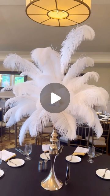 Feather Centerpieces Diy, Feather Centerpiece Wedding, Ostrich Feather Centerpieces, Masquerade Party Decorations, Balloon Artist, Feather Centerpieces, Gatsby Theme, Pipe And Drape, Feather Decor