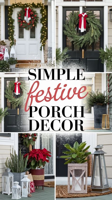 Festive porch decor includes wreaths with red bows, poinsettias, lanterns, and greenery. A warm and inviting winter holiday setup. Outdoor Christmas Garland Front Doors, Simple Porch Decor, Cheap Christmas Decor Ideas, Simple Christmas Porch, Christmas Decorations Porch, Cheap Christmas Decor, Outdoor Christmas Garland, Christmas Porch Ideas, Cheap Christmas Decorations