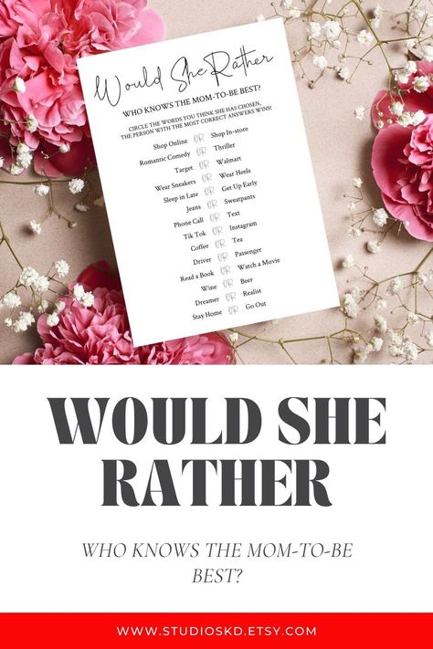 Would She Rather Baby Shower Game Co-ed Baby Shower Games, Easy Baby Shower Games, Would She Rather, Coed Baby Shower, Mom To Be, Getting Up Early, Printable Baby Shower Games, Game Card, Baby Shower Game