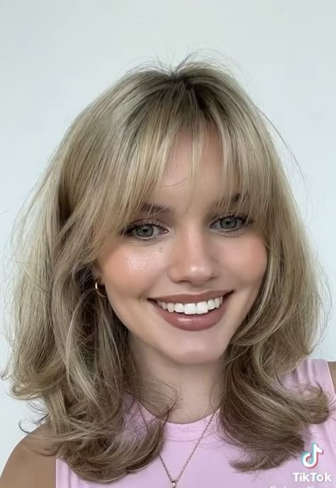 Blonde Layered Hair With Bangs, Dark Blonde Bangs, Bardot Bangs Short Hair, Blonde Hair W Bangs, Shoulder Length Hair Cuts With Layers And Bangs, Dark Blonde Hair With Bangs, Shoulder Length Hair Cuts With Layers Bangs, Shay Sullivan Hair, Shoulder Length Layered Hair With Bangs