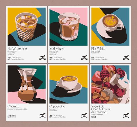 Cuervo Café. SS19 on Behance Menu Coffee, Menu Design Inspiration, Cafe Menu Design, Cafe Posters, 달력 디자�인, Posca Marker, Desain Editorial, Food Menu Design, Food Graphic Design