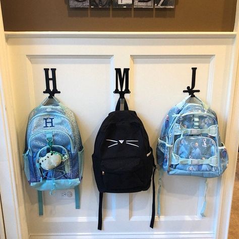 Backpack Hanger Ideas, Backpack Holder For Home, Backpack Hooks Entryway, Bookbag Hanger, Backpack Hanging Ideas, Hooks For Backpacks, Playroom Addition, Backpack Wall, Backpack Hooks