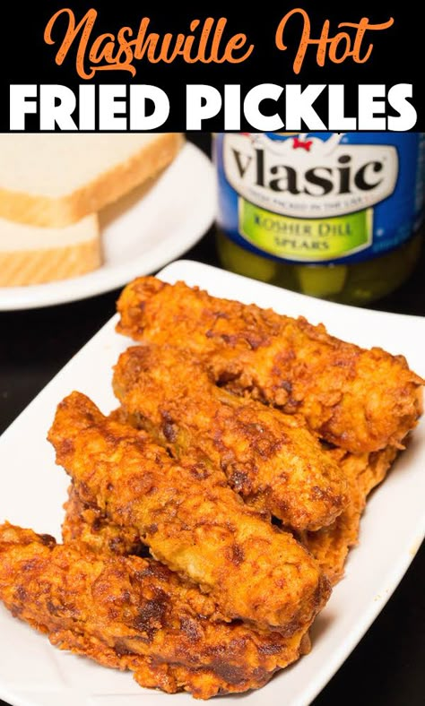 Your favorite appetizer just got better! Chicken fried pickles covered in spicy Nashville Hot Sauce. #appetizers #fried Nashville Hot Sauce, Hot Pickles, Fried Pickles Recipe, Deep Fried Recipes, Fried Recipes, Pickles Recipe, Spicy Appetizers, Nashville Hot, Fried Pickles