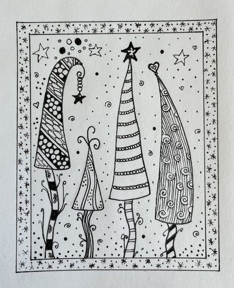 Christmas Zentangle Cards, Christmas Tree Zentangle Patterns, Zentangle Christmas Patterns, Christmas Zentangle Ideas, Zentangle Christmas Tree, Zentangle Christmas Cards, Winter Zentangle, Christmas Doodle Art, Christmas Zentangle Patterns