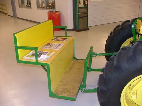 Have to build one of these, or incorporate a seat into the carry all, but I like it as an individual attachment. Tractor Tool Box Ideas, Homemade Tractor Implements, Garden Tractor Attachments Home Made, Tractor Attachment Storage, Diy Tractor, Hitch Attachments, Tractor Log Skidder, Compact Tractor Attachments, Garden Tractor Attachments