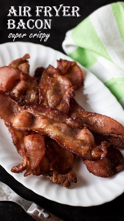 This recipe from Binky's Culinary Carnival shows you how to cook perfectly crispy bacon in your air fryer in under 10 minutes! You may never make it any other way! It's quick, crispy, and delicious for breakfast or brunch. This is such a great way to make bacon when you want to add it to other recipes or put it on top of a burger! #airfryer #bacon Airfryer Bacon, Air Fry Bacon, Air Fryer Meats, Air Fryer Pan, Making Bacon, Air Fryer Dinners, Air Fried Recipes, Air Fryer Bacon, Air Fryer Recipes Snacks