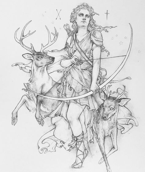 Artemis Drawing, Huntress Tattoo, Artemis Art, Greek Goddess Tattoo, Artemis Greek Goddess, Artemis Tattoo, Artemis Goddess, Greek Mythology Tattoos, Goddess Tattoo